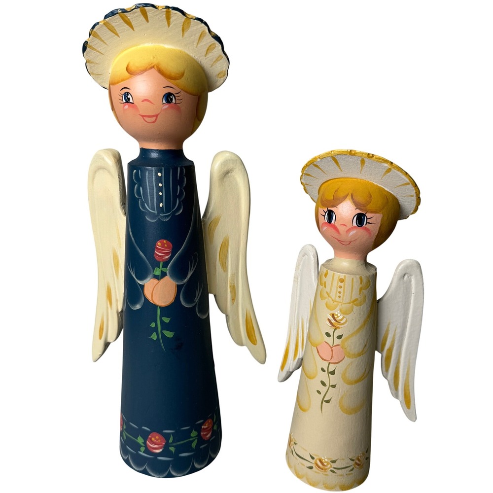 Vintage Signed Tole Painted Folk Art Wood Halo Angel 1987 1989 Figurines Pair